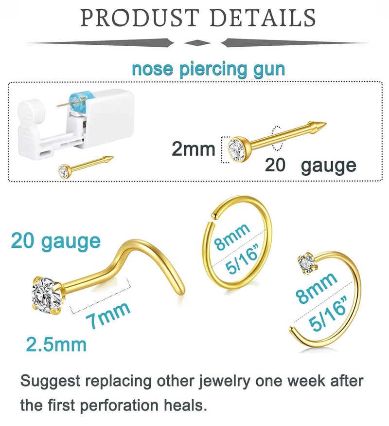 QWALIT Gold Nose Ring Piercing Kit - Self Piercing Kit at Home with Disposable Nose Piercing Gun - Image 2